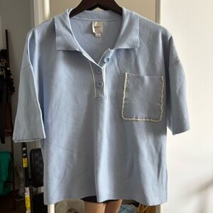 Maeve Sky Blue Knit collared Sweater with short sleeves